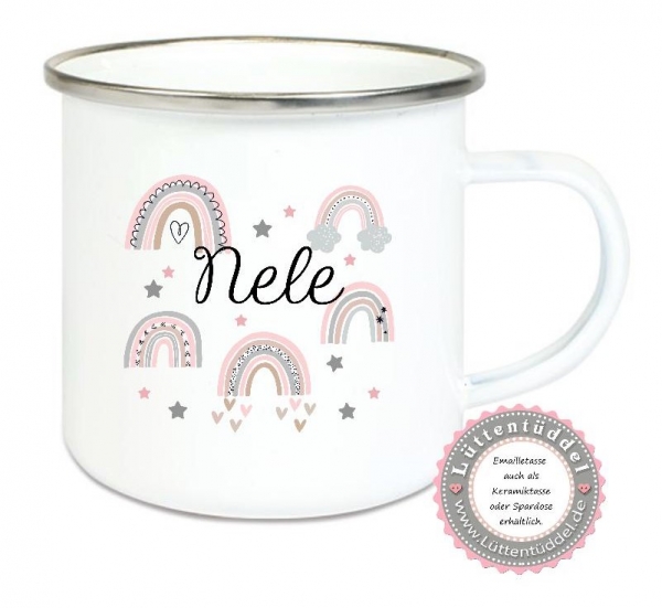♥ Becher Tasse Emaillebecher ganz viele Regenbogen, Mädchen, Einschulung KITA Wunschname, Dankeschön, Geburtstag, Abschied, Jubiläum, Geschenk, Kommunion, Firmung Konfirmation, Becher von Lüttentüddel